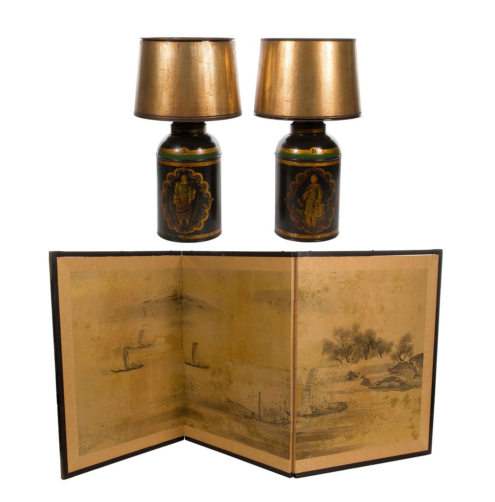 Lot 379: English Chinoiserie Tole Tea Canister Lamps
