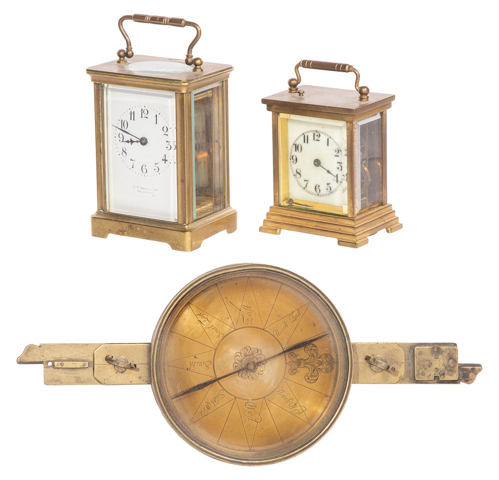 Lot 384: Brass Carriage Clocks and Surveying Compass