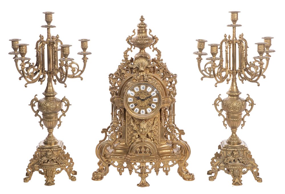 Lot 385: Rococo Style Brass Mantel Clock and Garniture Set