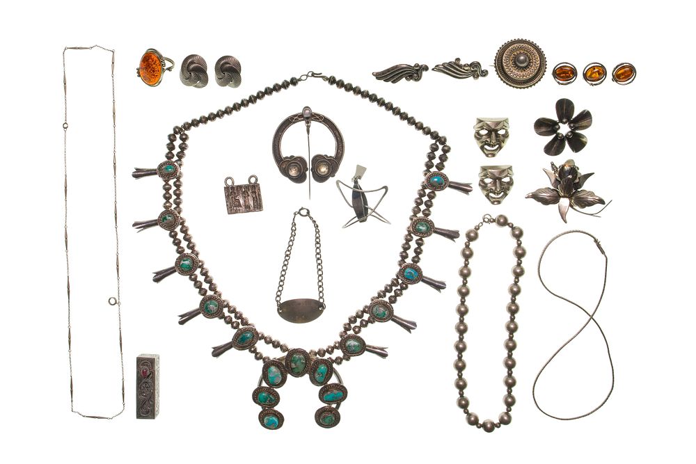 Lot 267: Native American Silver and Turquoise Squash Blossom Necklace