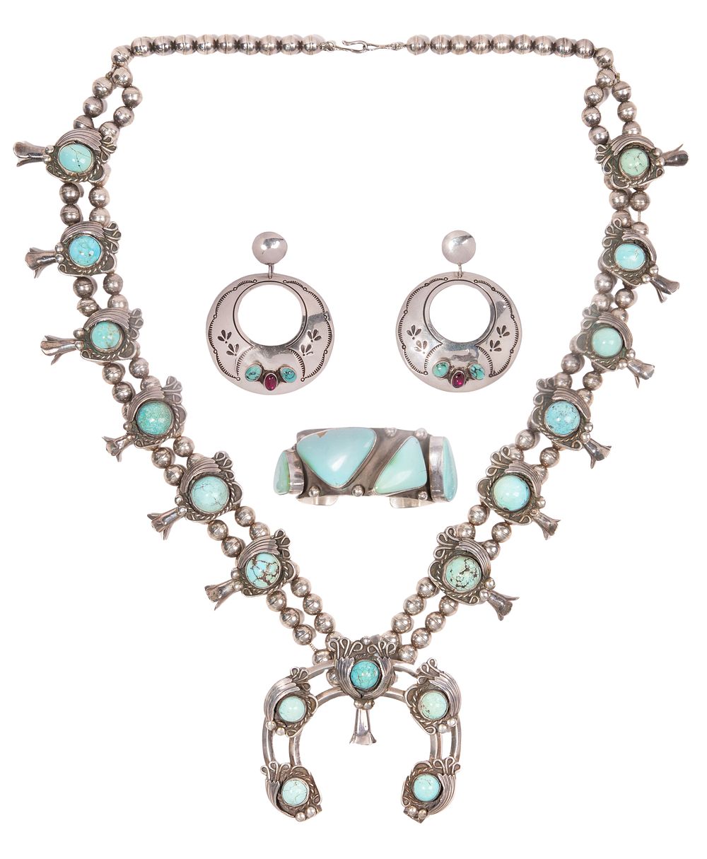 Lot 268: Native American Sterling Silver and Turquoise Squash Blossom Necklace