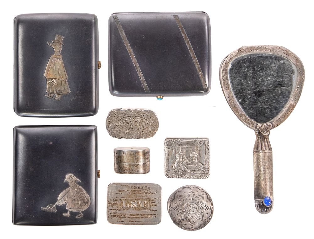 Lot 288: Sterling, Coin (900) and European Silver (800) Cigarette Case and Vanity Object Assortment