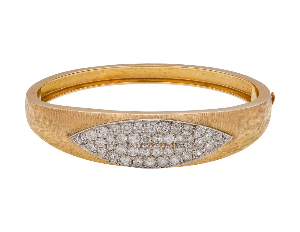 Lot 306: 14k Yellow Gold and Diamond Hinged Bangle Bracelet