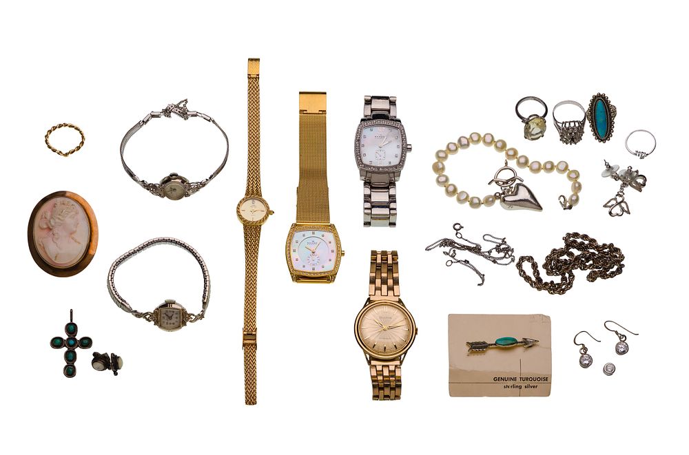 Lot 326: Gold, Sterling Silver and Costume Jewelry and Wristwatch Assortment