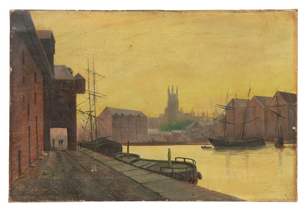 Lot 379: Attributed to John Atkinson Grimshaw (British, 1836-1893) 'Gloucester Dock' Oil on Canvas