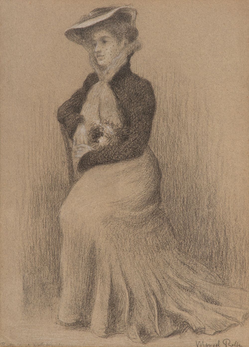 Lot 408: Manuel Robbe (French, 1872-1936) 'La Voilette' Charcoal and Chalk on Paper