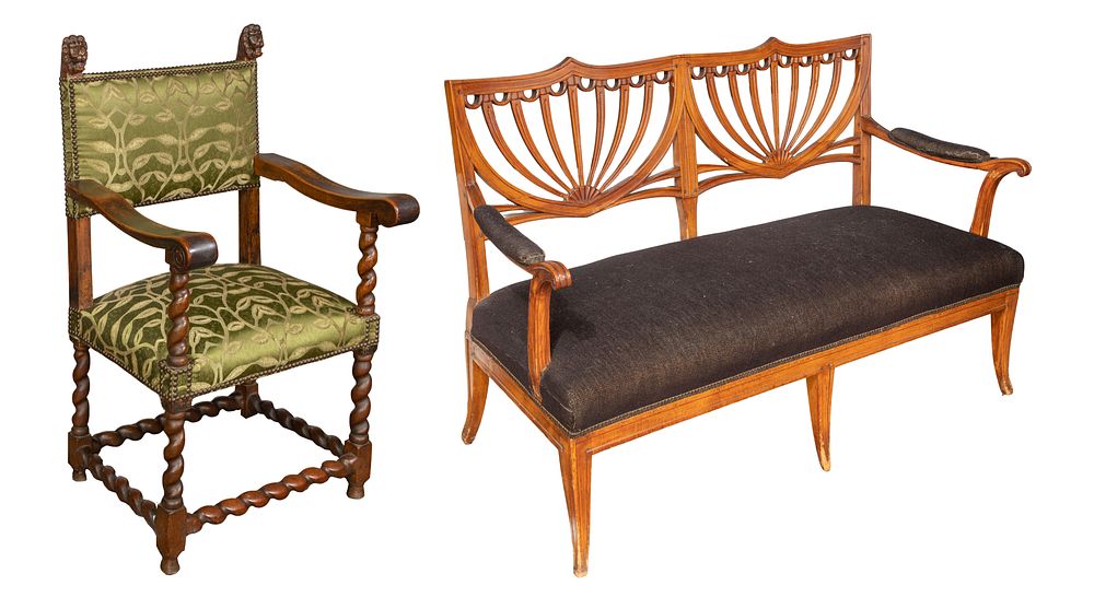 Lot 422: Hepplewhite Settee and Jacobean Carved Armchair