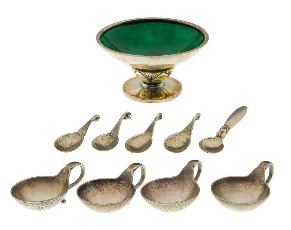 Lot 266: George Jensen Sterling Silver Salt Cellar and Spoon Assortment