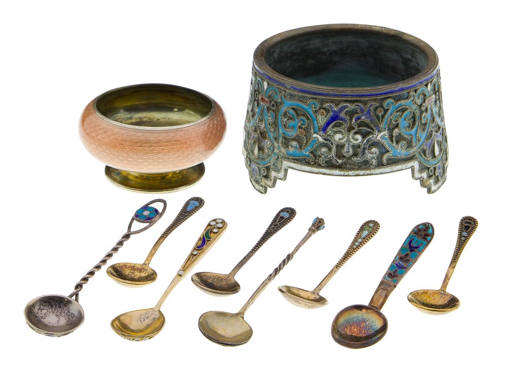 Lot 273: Russian Silver Salt Cellar and Spoon Assortment