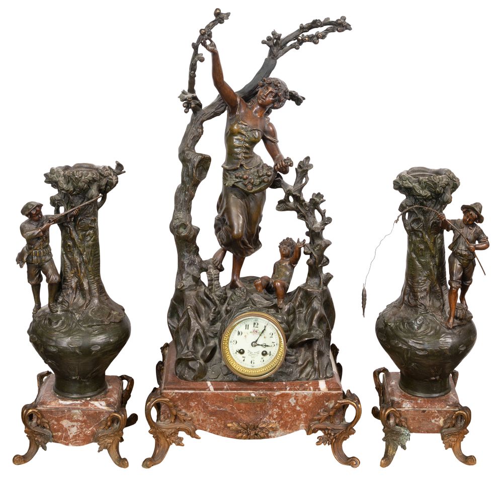 Lot 321: French Figural Mantel Clock and Garniture Set