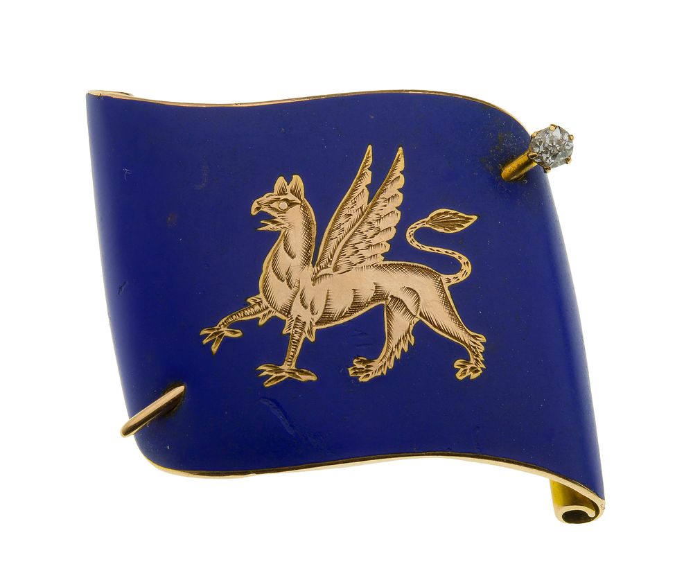 Lot 326: 14k Yellow Gold, Enamel and Diamond Brooch