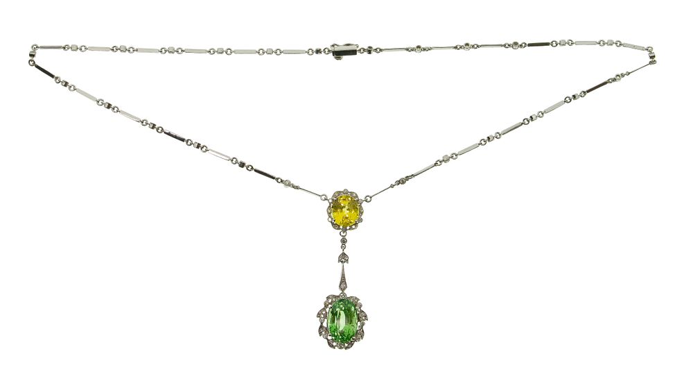 Lot 327: 18k White Gold, Green Garnet, Yellow Sapphire and Diamond Necklace