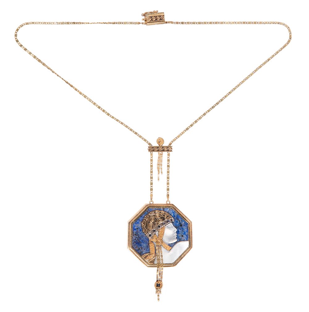 Lot 328: Erte 14k Yellow Gold 'Aventurine' Pendant Necklace