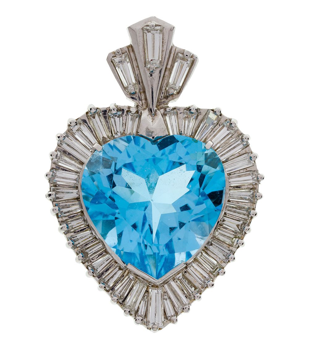 Lot 329: 14k White Gold, Blue Topaz and Diamond Pendant
