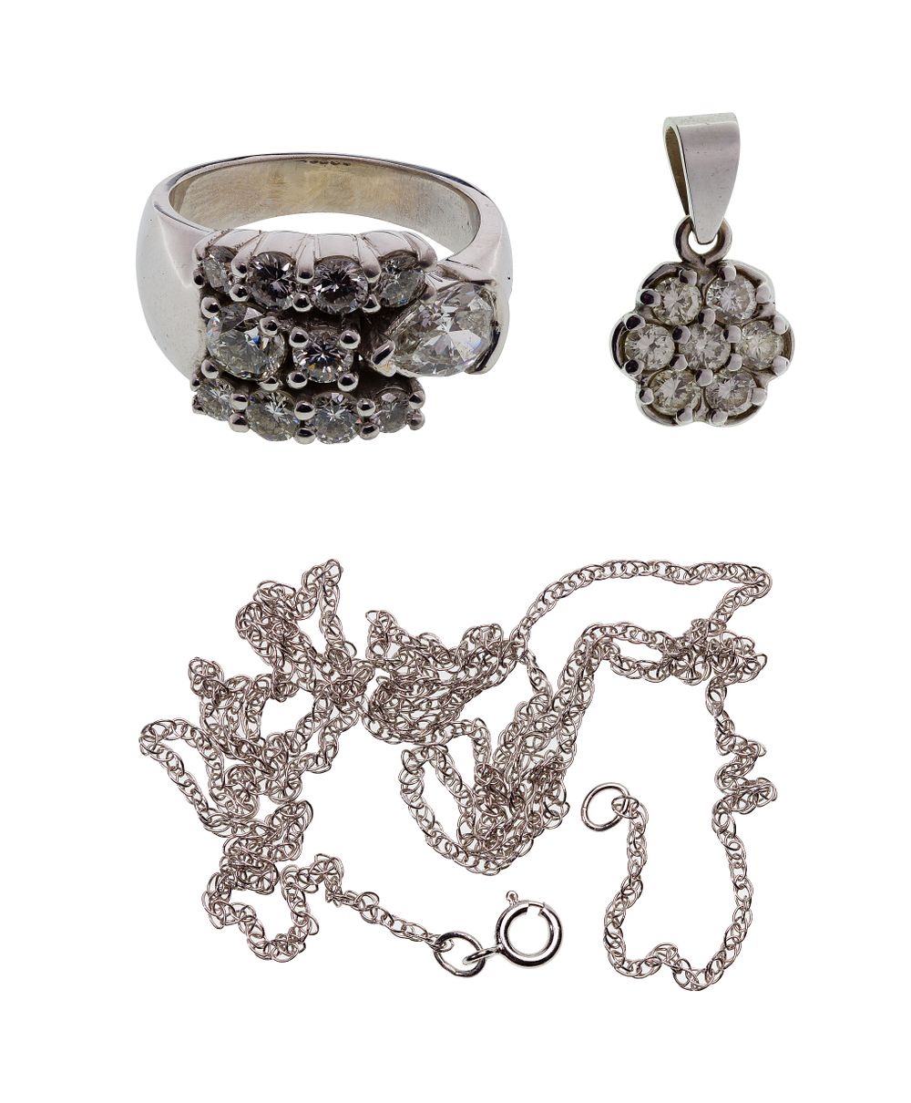Lot 333: 14k White Gold and Diamond Ring and Pendant on Necklace