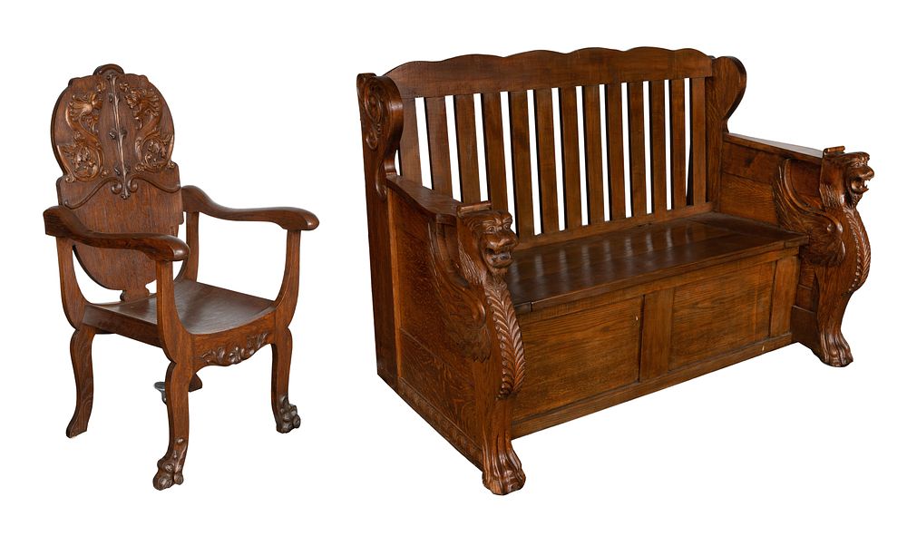 Lot 407: Carved Oak Bench and Chair