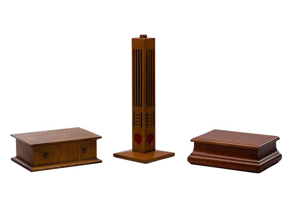 Lot 426: After Stickley Desk Boxes and Roycroft Candleholder