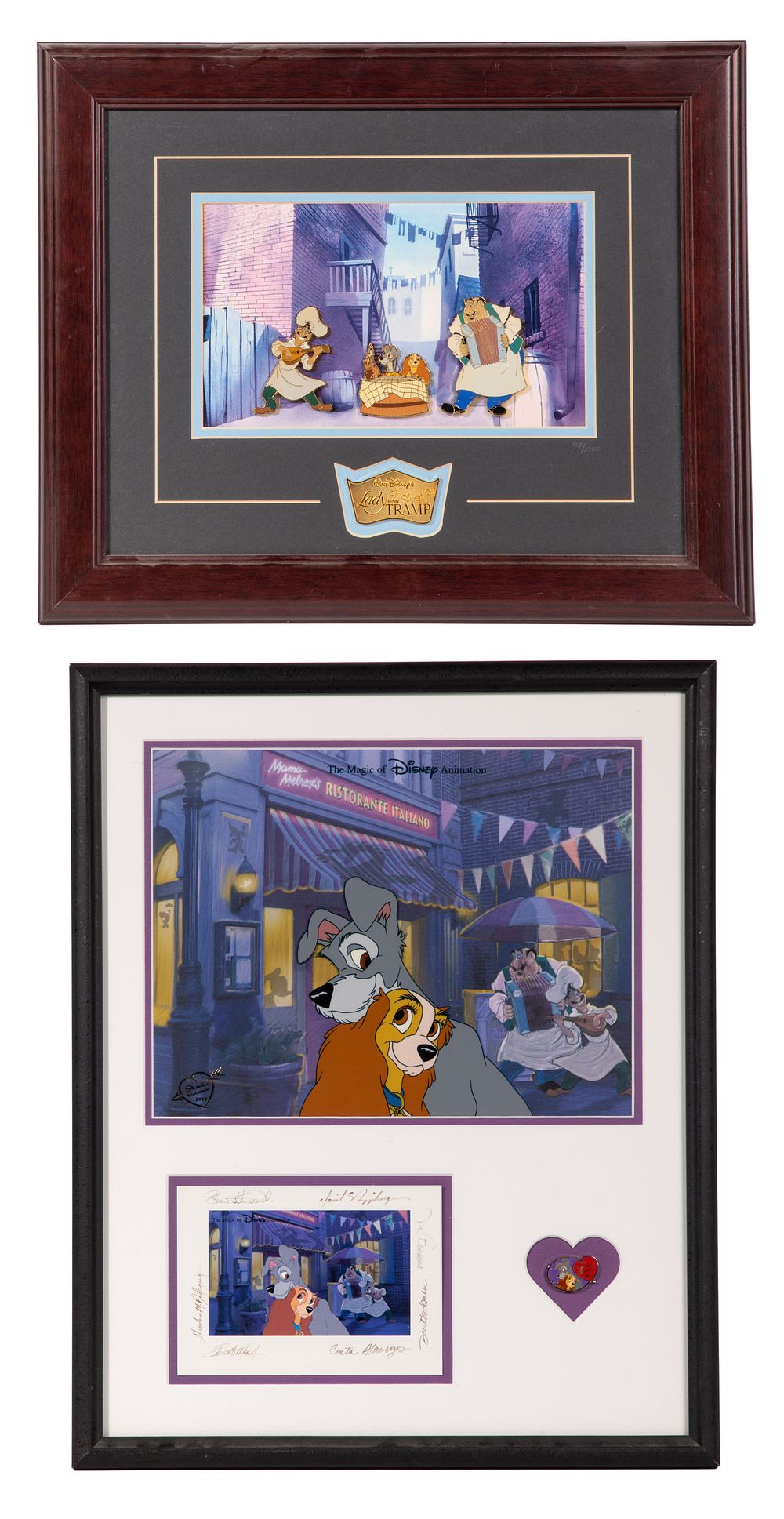 Lot 250: Disney 'Lady and the Tramp' Framed Sericel and Pins