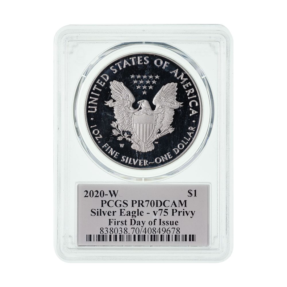 Lot 254: 2020-W $1 Silver Eagle v75 Privy PR-70 DCAM PCGS