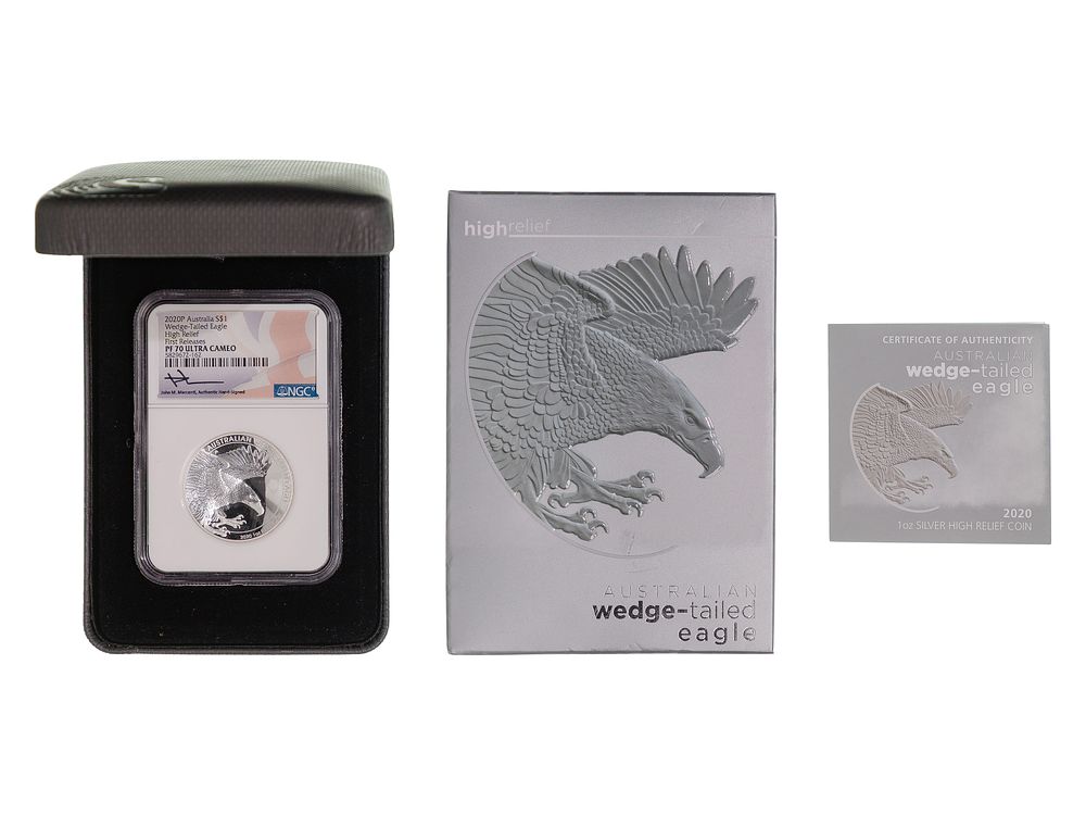 Lot 309: Australia: 2020 $1 High Relief Wedge-Tailed Eagle PF-70 UCAM NGC