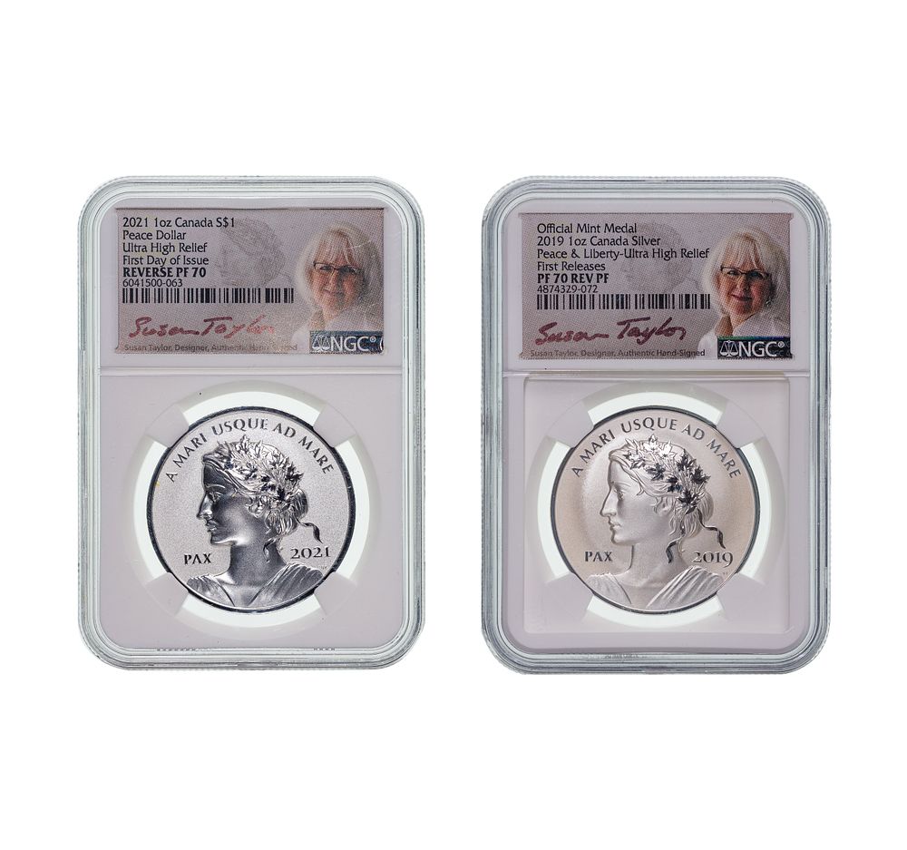 Lot 311: Canada: 2019 and 2021 Peace $1 Ultra High Relief Reverse PF-70 NGC