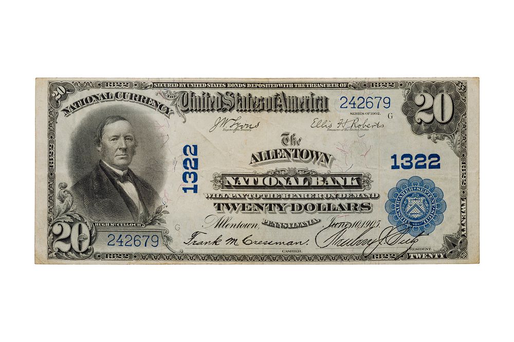 Lot 324: 1902 $20 Large-Size National, Allentown, PA XF