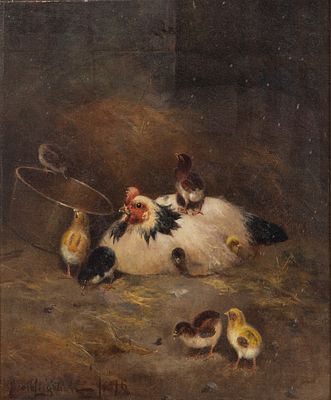 Leighton (19th Century) Oil on Canvas 1875, signed lower left, depicting a mother hen and 