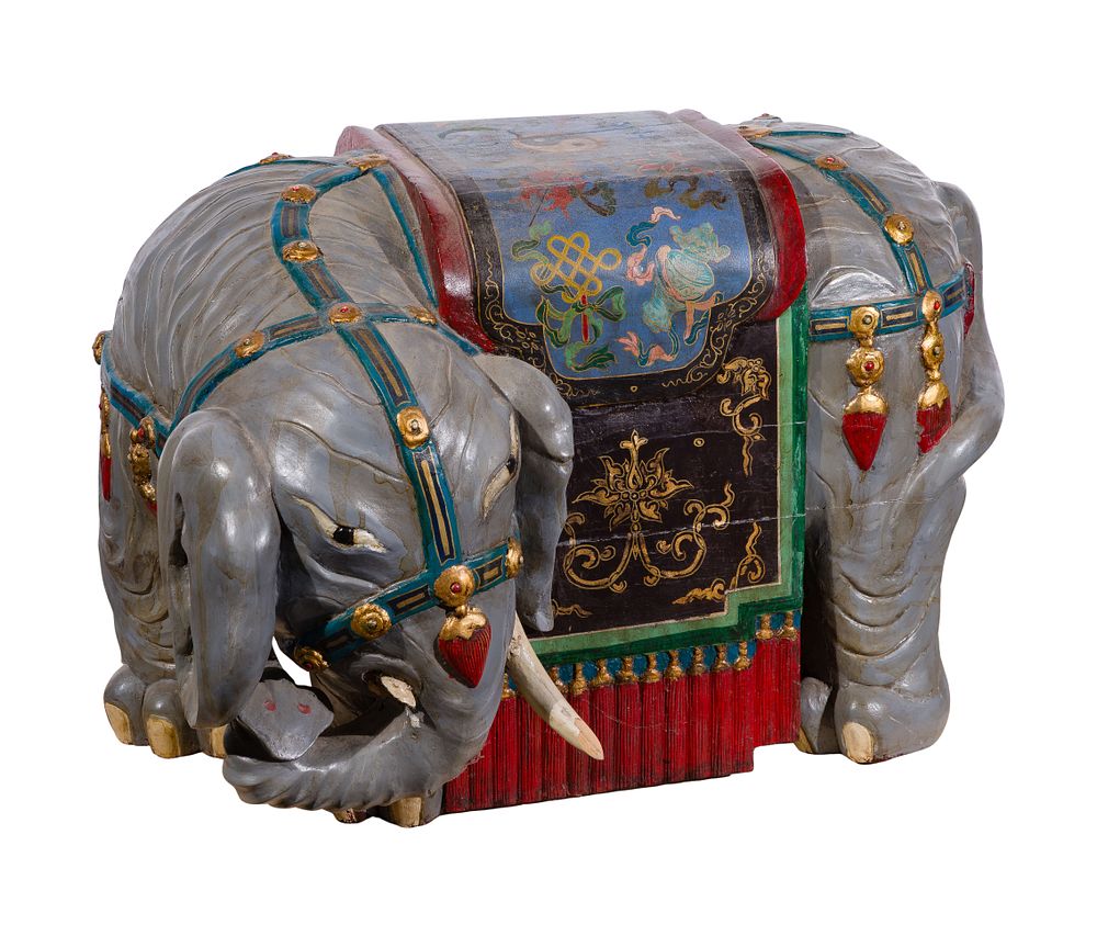 Lot 319: Chinese Painted Carved Wood Elephant
