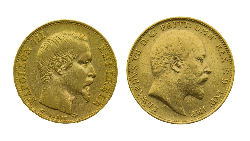 Lot 405: 1857 French Gold 20 Franc and 1905 English Gold Sovereign