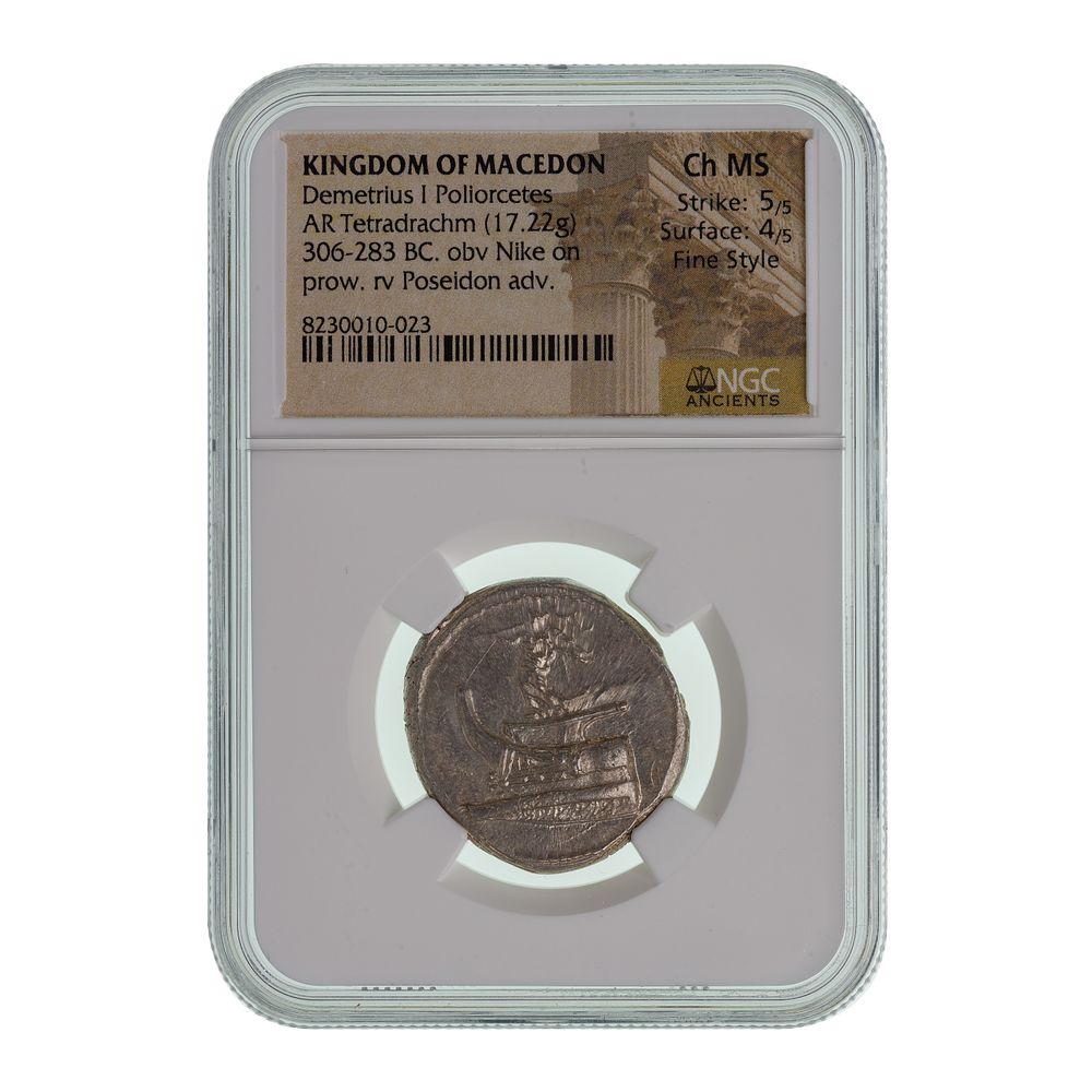 Lot 411: KINGDOM OF MACEDON, Demetrius I Poliorcetes, AR Tetradrachm CH MS NGC