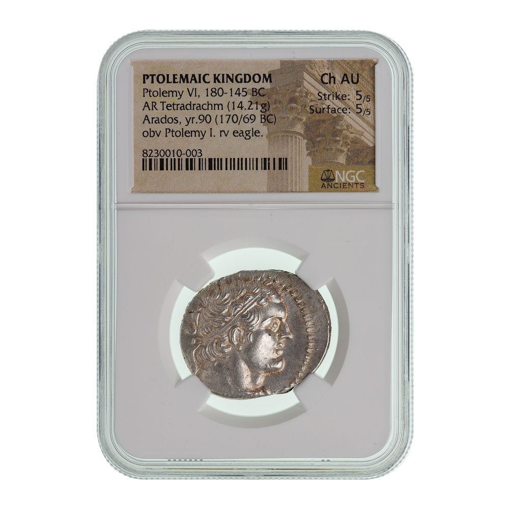Lot 412: PTOLEMAIC KINGDOM, Ptolemy VI, 180-145 BC, AR Tetradrachm CH AU NGC