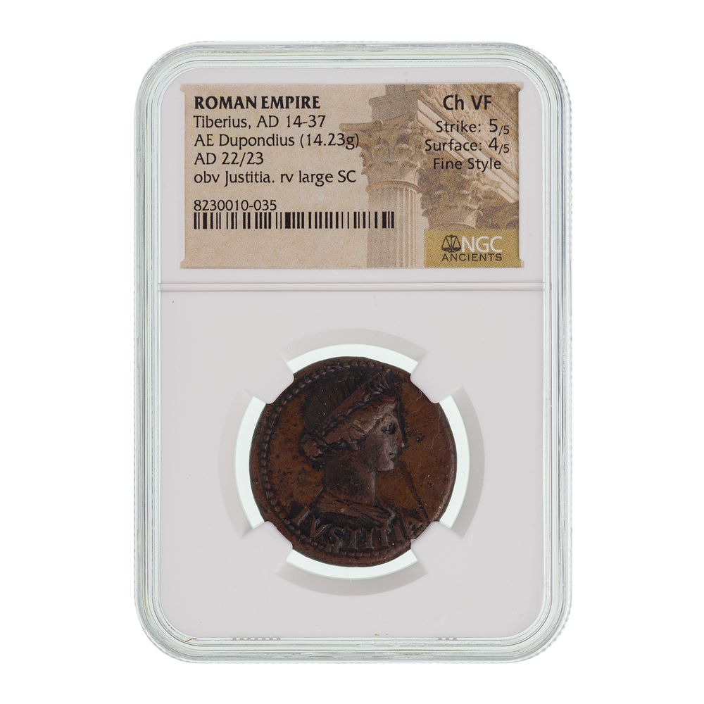 Lot 419: ROMAN EMPIRE, Tiberius, AD 14-37, AE Dupondius CH VF NGC