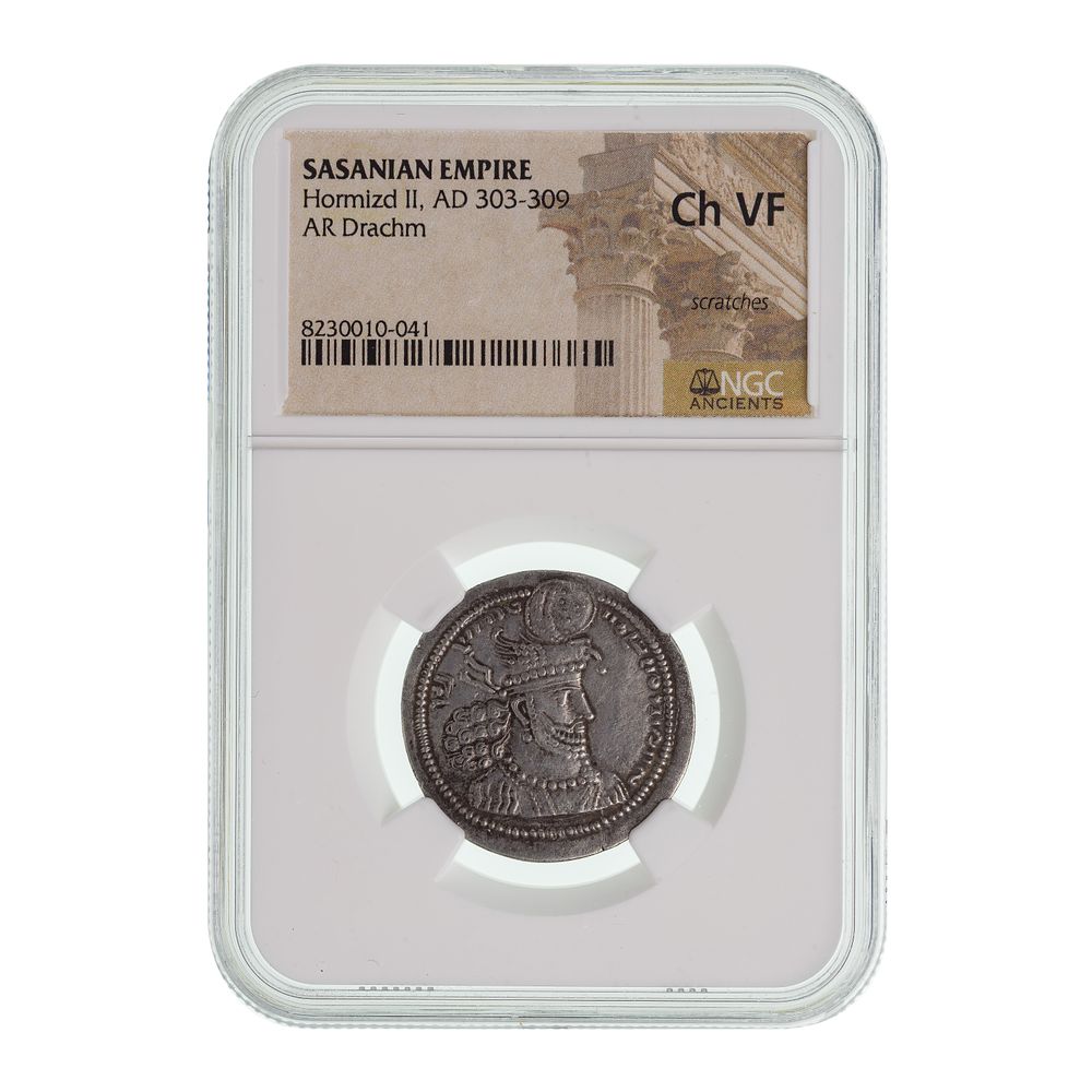 Lot 420: SASANIAN EMPIRE, Hormizd II, AD 303-309, AR Drachm CH VF NGC