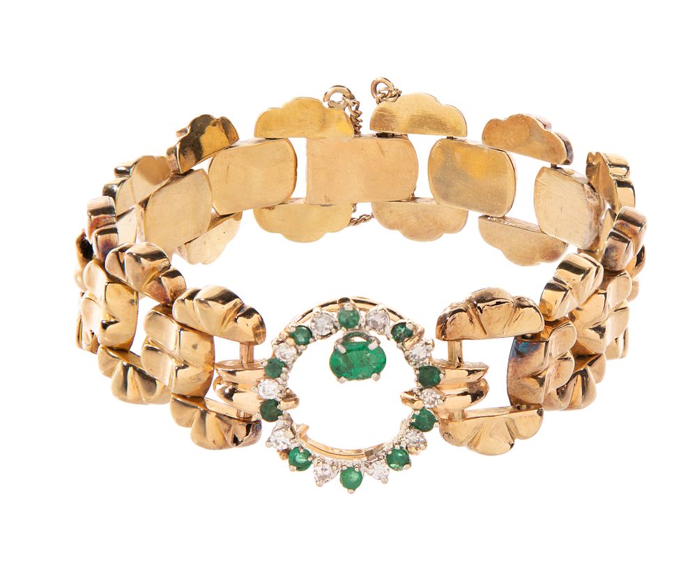 Lot 433: 18k Yellow Gold, Emerald and Diamond Bracelet
