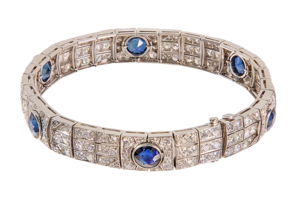 Lot 435: Art Deco Platinum, Sapphire and Diamond Bracelet