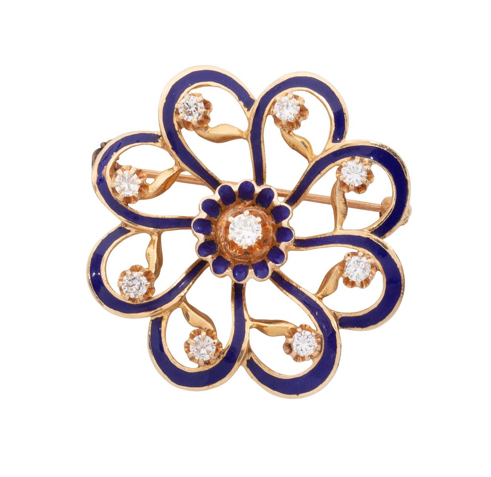 Lot 440: 14k Yellow Gold, Enamel and Diamond Brooch