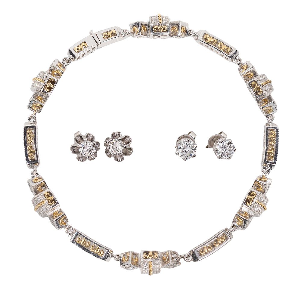 Lot 451: 18k White Gold Bracelet and 10k White Gold and Diamond Earrings