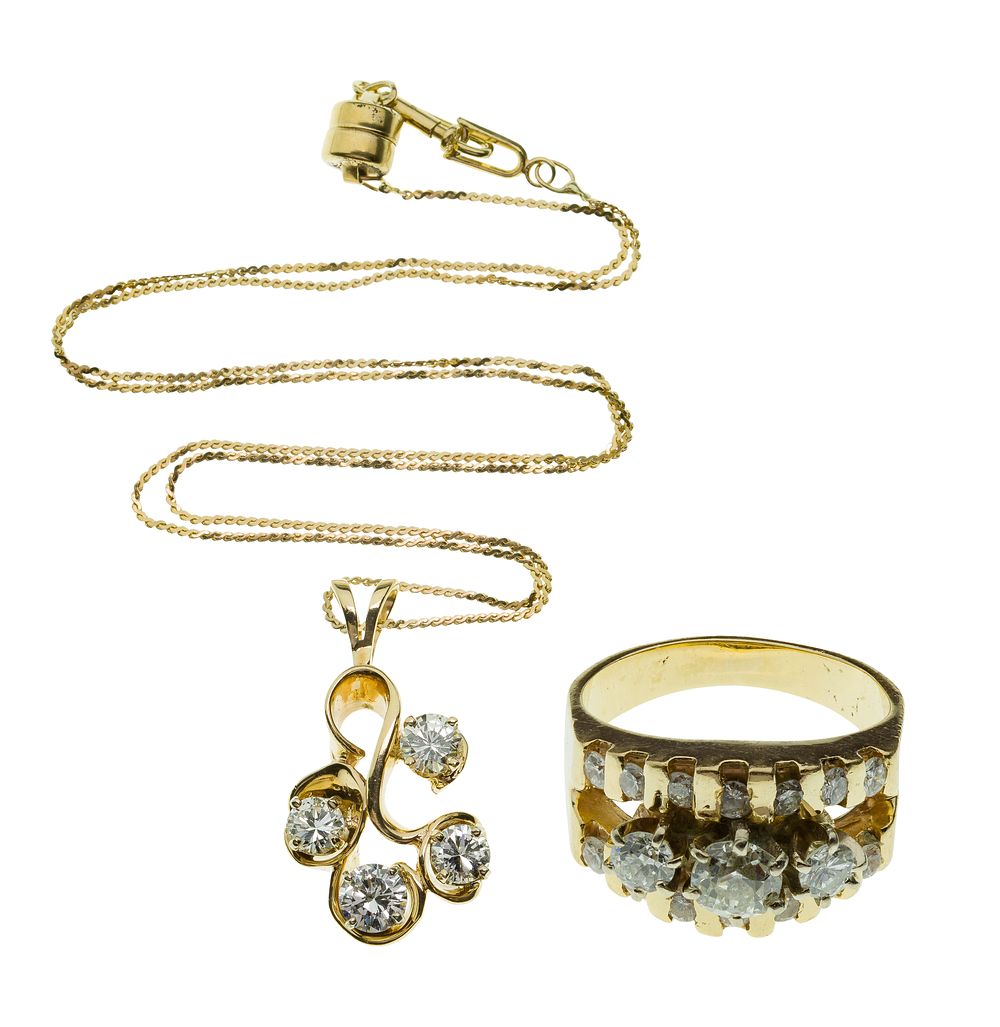 Lot 452: 14k Yellow Gold and Diamond Ring and Pendant on Necklace