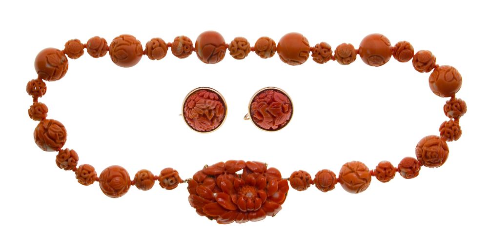 Lot 454: 14k Yellow Gold and Carved Coral Necklace and Earring Set
