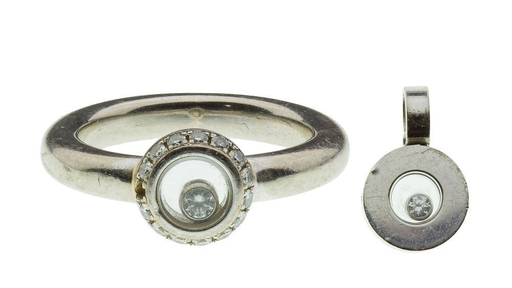 Lot 457: Chopard 18k White Gold and Diamond Ring and Pendant