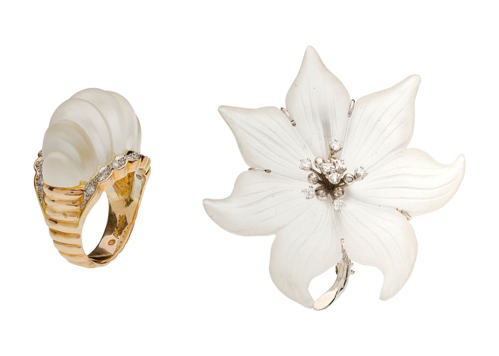 Lot 477: 14k Gold, Rock Crystal and Diamond Ring and Brooch