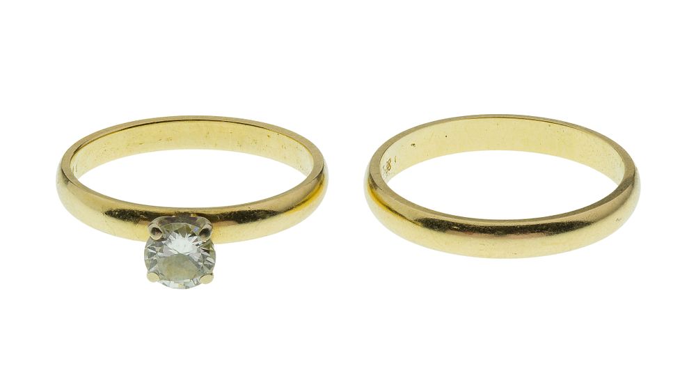 Lot 489: 14k Yellow Gold and Diamond Engagement Ring and Wedding Band