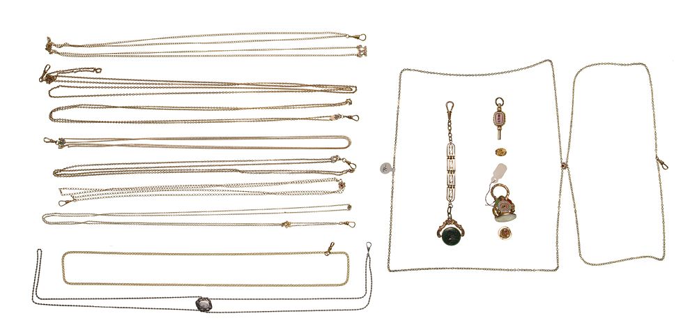 Lot 535: 14k Gold, Sterling Silver and Gold Filled Pocket Watch Chain Assortment