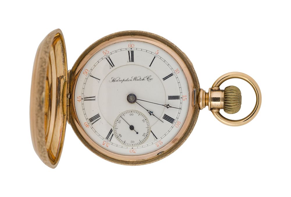 Lot 587: Hampden Watch Co. 14k Yellow Gold Hunter Case Pocket Watch