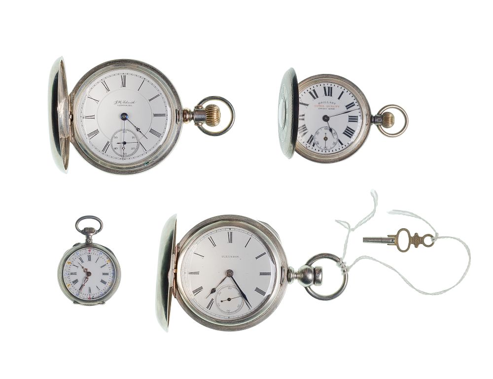 Lot 604: Sterling Silver (935) and Coin Silver (900) Pocket Watch Assortment