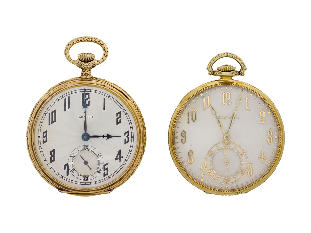 Lot 609: Elgin and Zenith 14k Yellow Gold Open Face Pocket Watches