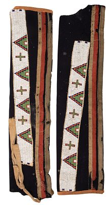 Native American Sioux Full Length Beaded Trade Cloth Leggings c.1870, a pair of dark blue 