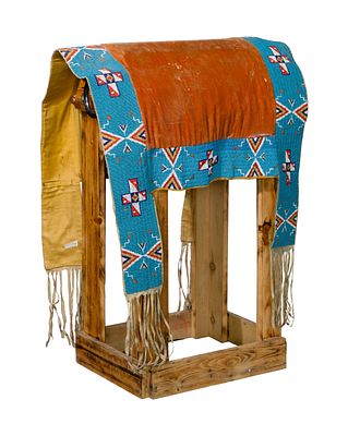 Native American Sioux Chief's Beaded Saddle Blanket Having multi-color hourglass and cross 