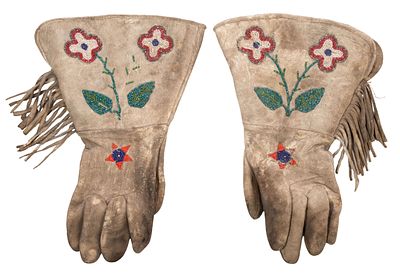Native American Beaded Gauntlets A pair of buckskin gauntlet style gloves having beaded backs 