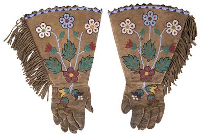 Native American Sioux Beaded Buckskin Gauntlets c.1880, buckskin, officer style, having Santee 